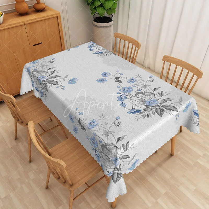 Aperturee - Aperturee Blue and Grey Floral Botanical Rectangle Tablecloth Elegant Vintage Kitchen Dining Table Cover for Spring Summer
