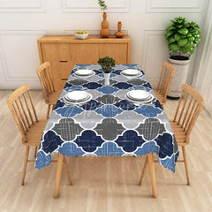 Aperturee - Aperturee Blue and Grey Geometric Moroccan Trellis Rectangle Tablecloth with Scalloped Edge Modern Dining Decor