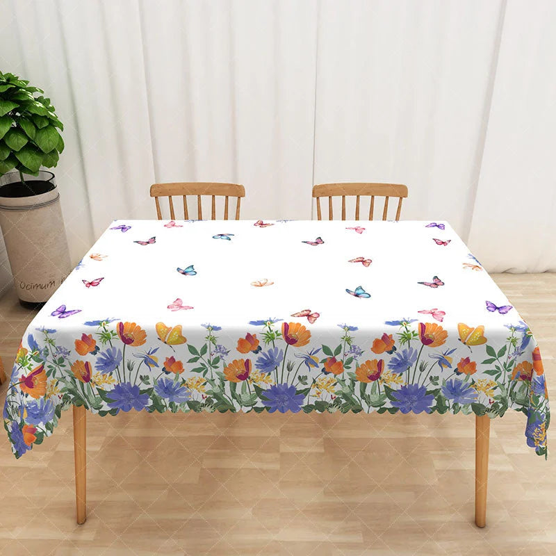 Aperturee - Aperturee Blue and Orange Floral Rectangle Tablecloth Spring Butterfly Garden Table Cover Vibrant Dining Room Decor