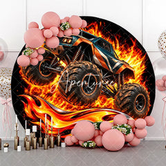 Aperturee - Aperturee Blue and Orange Monster Truck Jumping with Intense Fire Round Backdrop Exciting Boys Birthday Party Decor
