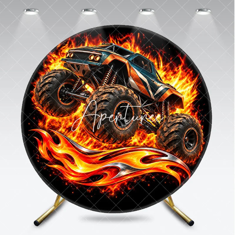 Aperturee - Aperturee Blue and Orange Monster Truck Jumping with Intense Fire Round Backdrop Exciting Boys Birthday Party Decor