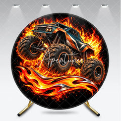 Aperturee - Aperturee Blue and Orange Monster Truck Jumping with Intense Fire Round Backdrop Exciting Boys Birthday Party Decor