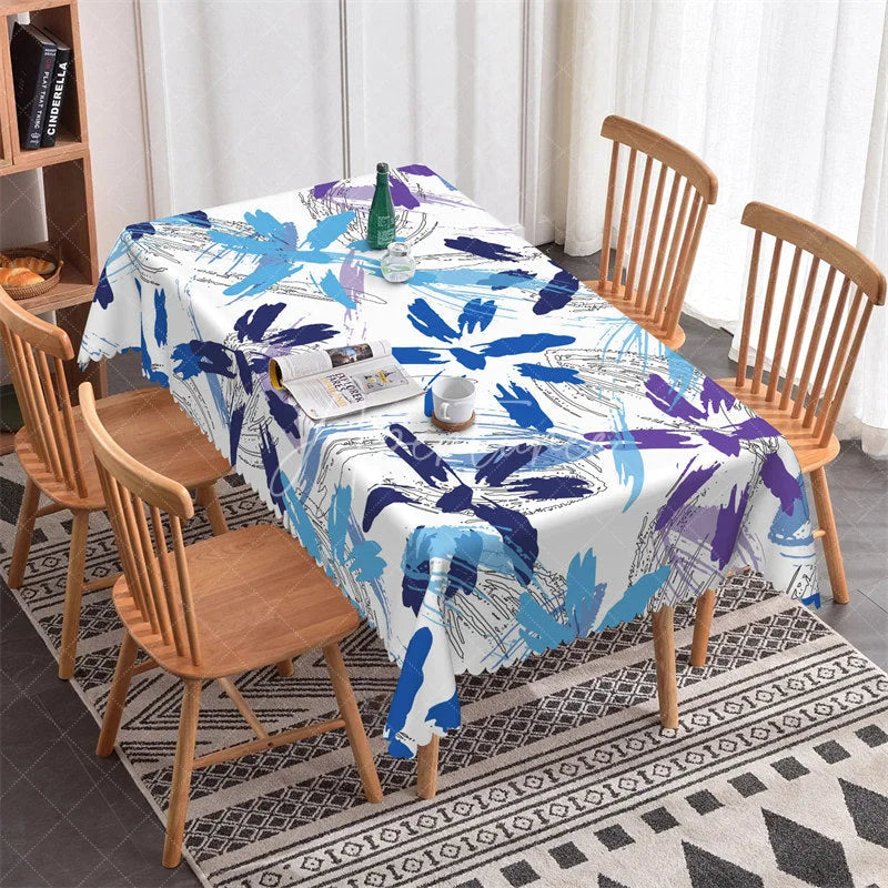 Aperturee - Aperturee Blue and Purple Abstract Floral Rectangle Tablecloth Artistic Brush Stroke Party Decor