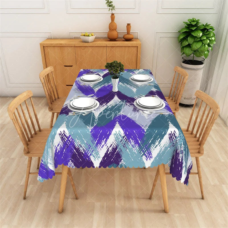 Aperturee - Aperturee Blue and Purple Chevron Brush Stroke Rectangle Tablecloth Modern Abstract Party Decor for Dining Tables