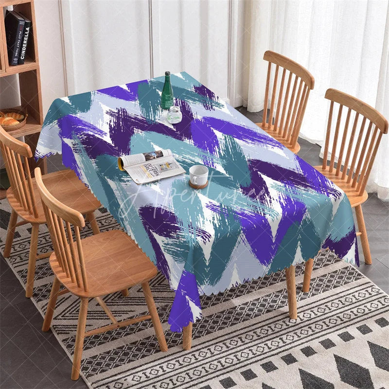 Aperturee - Aperturee Blue and Purple Chevron Brush Stroke Rectangle Tablecloth Modern Abstract Party Decor for Dining Tables