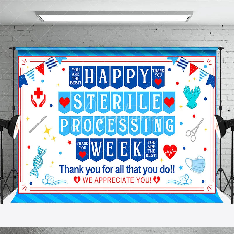 Aperturee - Aperturee Blue and Red Happy Sterile Processing Week Holiday Backdrop Medical Healthcare Appreciation Event Decor