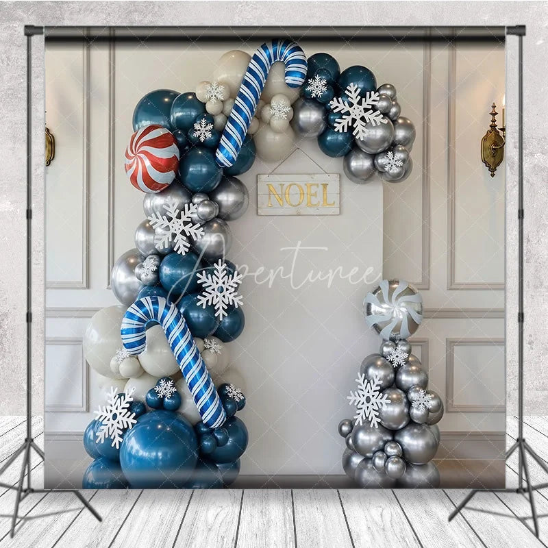 Aperturee - Aperturee Blue and Silver Balloon Arch Backdrop Candy Cane Snowflake Background Winter Wonderland Christmas Party Decoration