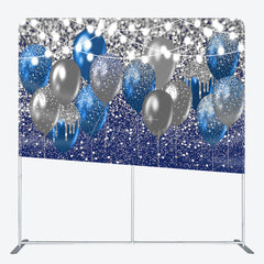 Aperturee - Aperturee Blue and Silver Balloons Square Tension Backdrop Glitter Birthday or Graduation Party Elegant Celebration Decor