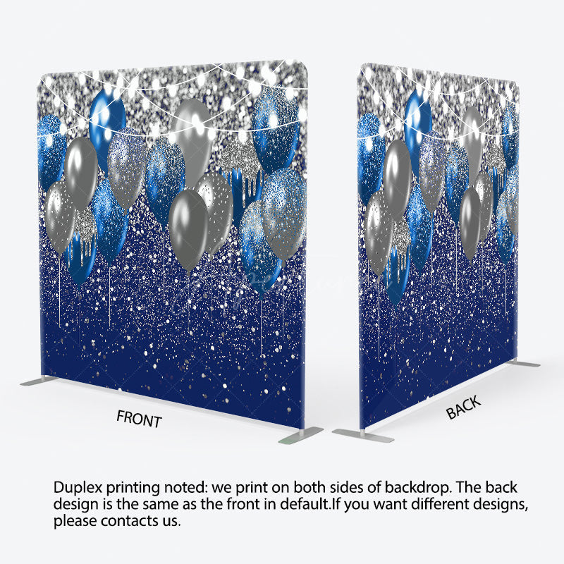 Aperturee - Aperturee Blue and Silver Balloons Square Tension Backdrop Glitter Birthday or Graduation Party Elegant Celebration Decor