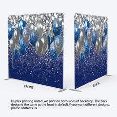 Aperturee - Aperturee Blue and Silver Balloons Square Tension Backdrop Glitter Birthday or Graduation Party Elegant Celebration Decor