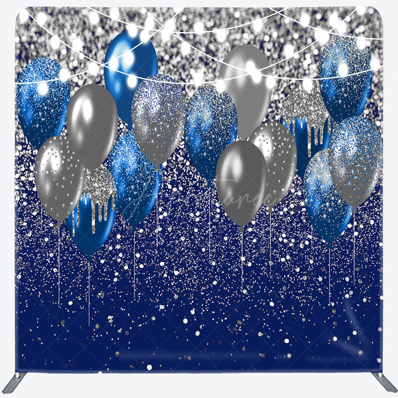 Aperturee - Aperturee Blue and Silver Balloons Square Tension Backdrop Glitter Birthday or Graduation Party Elegant Celebration Decor