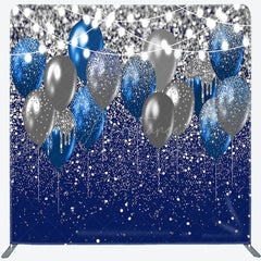 Aperturee - Aperturee Blue and Silver Balloons Square Tension Backdrop Glitter Birthday or Graduation Party Elegant Celebration Decor