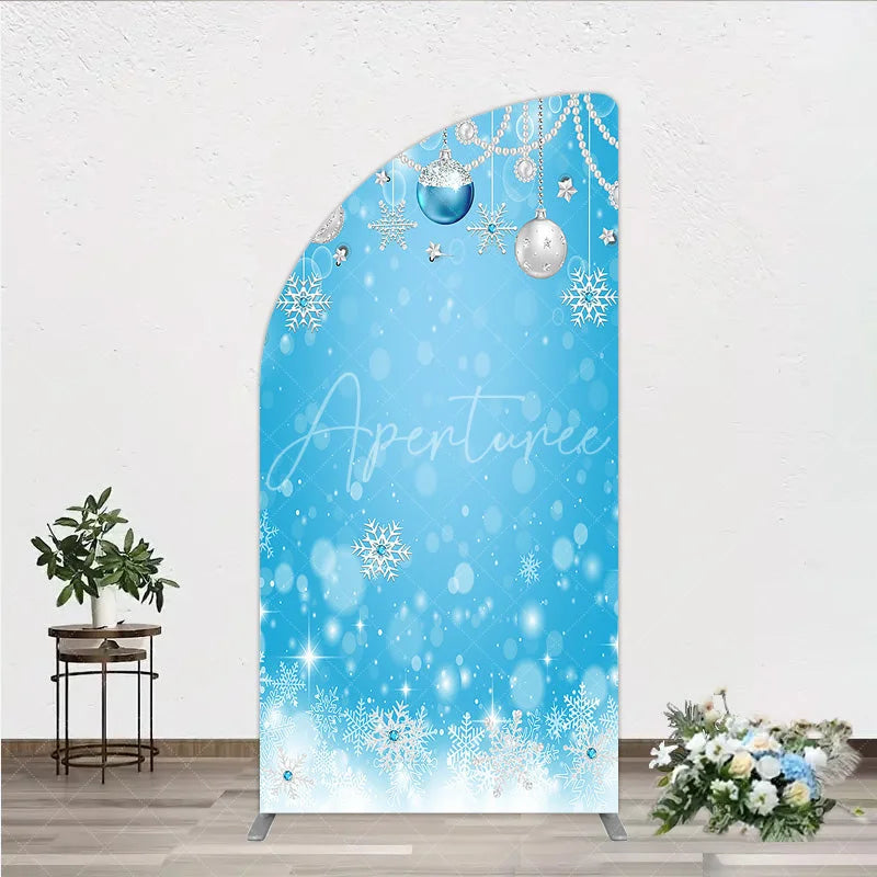 Aperturee - Aperturee Blue and Silver Glitter Half Moon Arch Backdrop Sparkling Snowflakes and Ornaments for Winter Holiday Celebration
