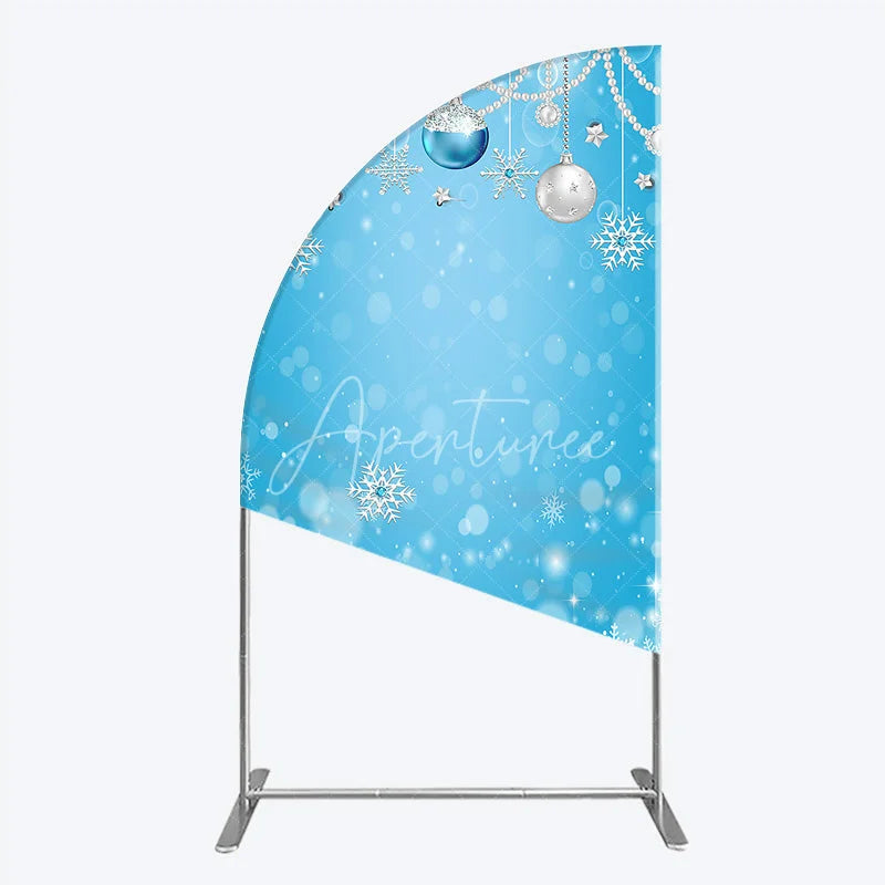 Aperturee - Aperturee Blue and Silver Glitter Half Moon Arch Backdrop Sparkling Snowflakes and Ornaments for Winter Holiday Celebration