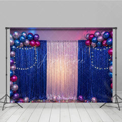 Aperturee - Aperturee Blue and Silver Sequin Photography Backdrop with Balloon Arch and String Lights Glamorous Party Decoration