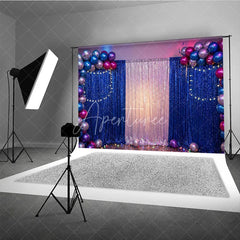 Aperturee - Aperturee Blue and Silver Sequin Photography Backdrop with Balloon Arch and String Lights Glamorous Party Decoration