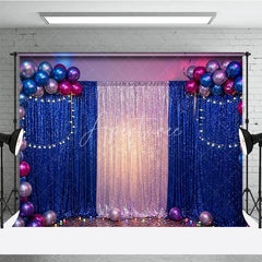 Aperturee - Aperturee Blue and Silver Sequin Photography Backdrop with Balloon Arch and String Lights Glamorous Party Decoration