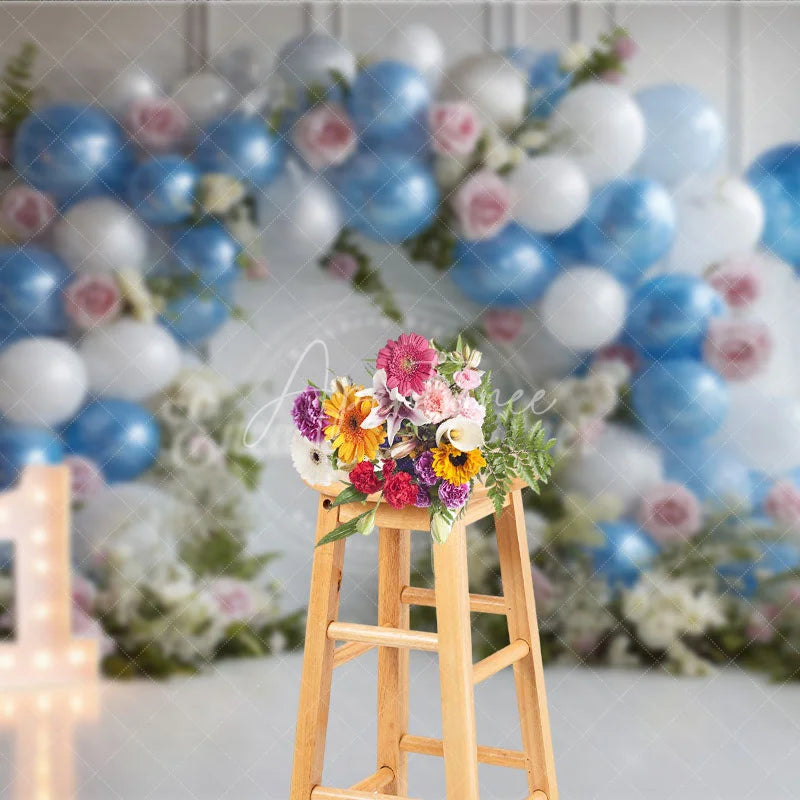 Aperturee - Aperturee Blue and White Balloon Arch with Floral Photography Backdrop First Birthday Party Decor