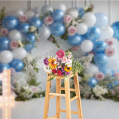 Aperturee - Aperturee Blue and White Balloon Arch with Floral Photography Backdrop First Birthday Party Decor