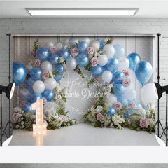 Aperturee - Aperturee Blue and White Balloon Arch with Floral Photography Backdrop First Birthday Party Decor