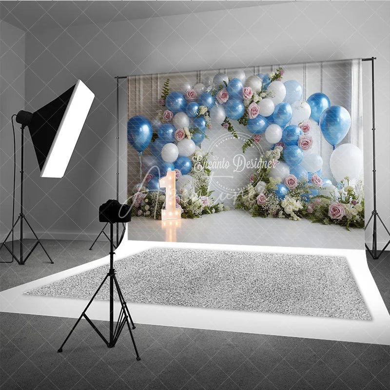 Aperturee - Aperturee Blue and White Balloon Arch with Floral Photography Backdrop First Birthday Party Decor
