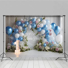 Aperturee - Aperturee Blue and White Balloon Arch with Floral Photography Backdrop First Birthday Party Decor