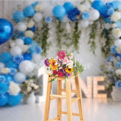 Aperturee - Aperturee Blue and White Balloons First Birthday Photography Backdrop Elegant Rose and Greenery ONE Party Decor