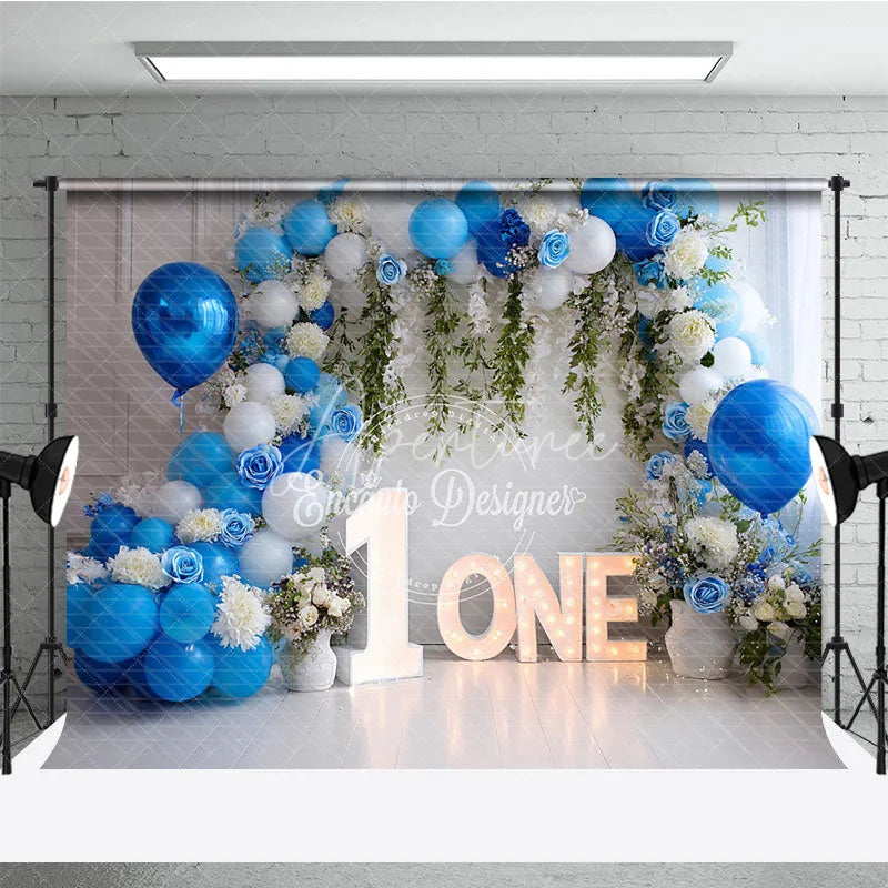 Aperturee - Aperturee Blue and White Balloons First Birthday Photography Backdrop Elegant Rose and Greenery ONE Party Decor