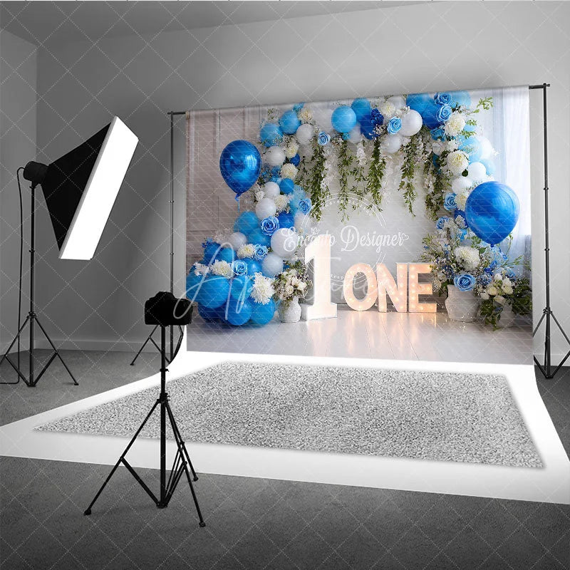 Aperturee - Aperturee Blue and White Balloons First Birthday Photography Backdrop Elegant Rose and Greenery ONE Party Decor