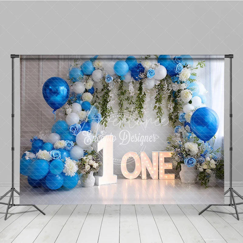 Aperturee - Aperturee Blue and White Balloons First Birthday Photography Backdrop Elegant Rose and Greenery ONE Party Decor