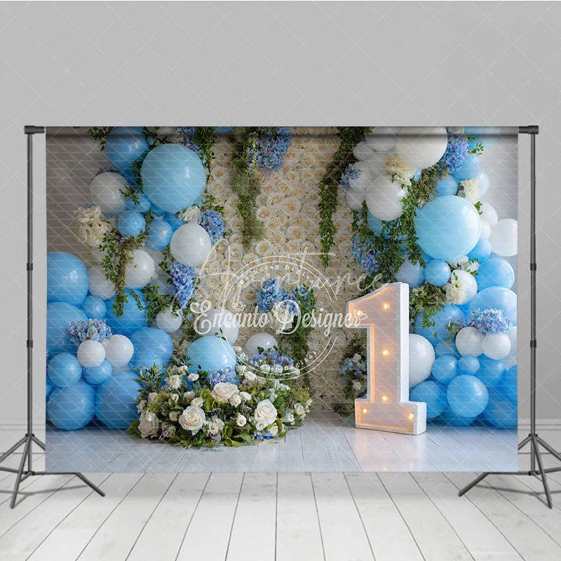 Aperturee - Aperturee Blue and White Balloons Rose Wall First Birthday Photography Backdrop Elegant Baby Shower Party Decor