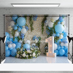 Aperturee - Aperturee Blue and White Balloons Rose Wall First Birthday Photography Backdrop Elegant Baby Shower Party Decor