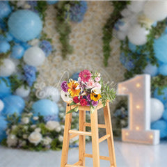 Aperturee - Aperturee Blue and White Balloons Rose Wall First Birthday Photography Backdrop Elegant Baby Shower Party Decor