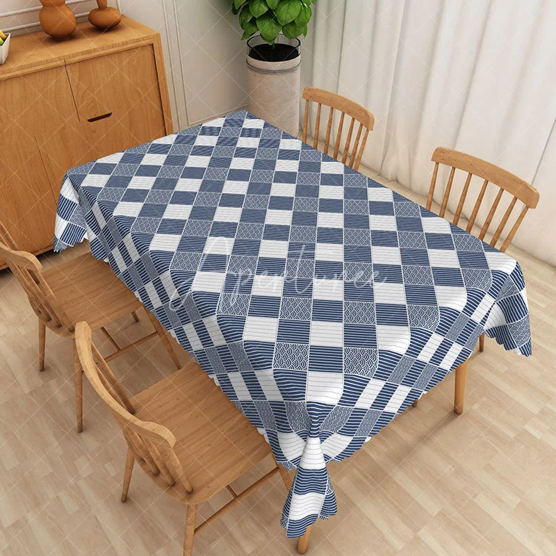 Aperturee - Aperturee Blue and White Checkered Geometric Pattern Rectangle Tablecloth Modern Dining Room Kitchen Decor Washable Table Cover