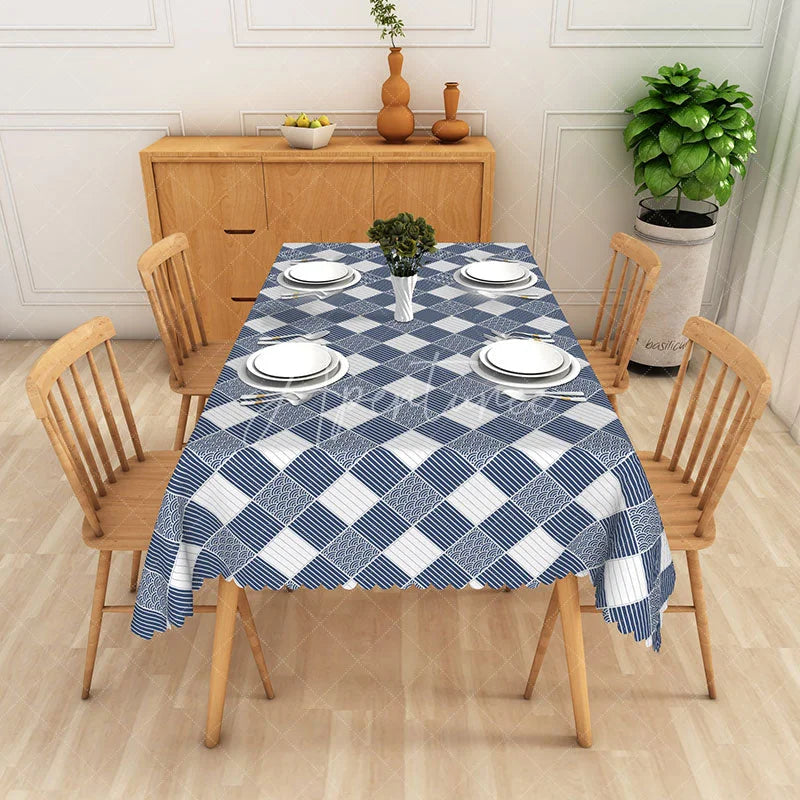 Aperturee - Aperturee Blue and White Checkered Geometric Pattern Rectangle Tablecloth Modern Dining Room Kitchen Decor Washable Table Cover