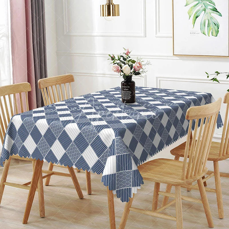 Aperturee - Aperturee Blue and White Checkered Geometric Pattern Rectangle Tablecloth Modern Dining Room Kitchen Decor Washable Table Cover