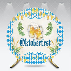 Aperturee - Aperturee Blue and White Diamond Pattern Oktoberfest Beer Steins Round Backdrop with Hops and Wheat Festive Bavarian Party