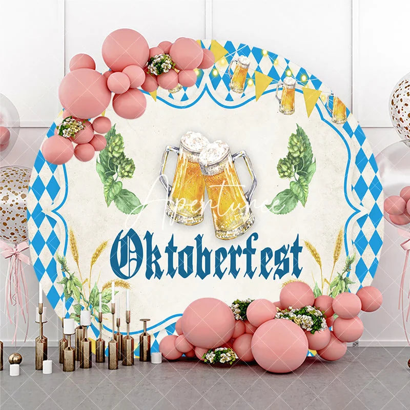 Aperturee - Aperturee Blue and White Diamond Pattern Oktoberfest Beer Steins Round Backdrop with Hops and Wheat Festive Bavarian Party