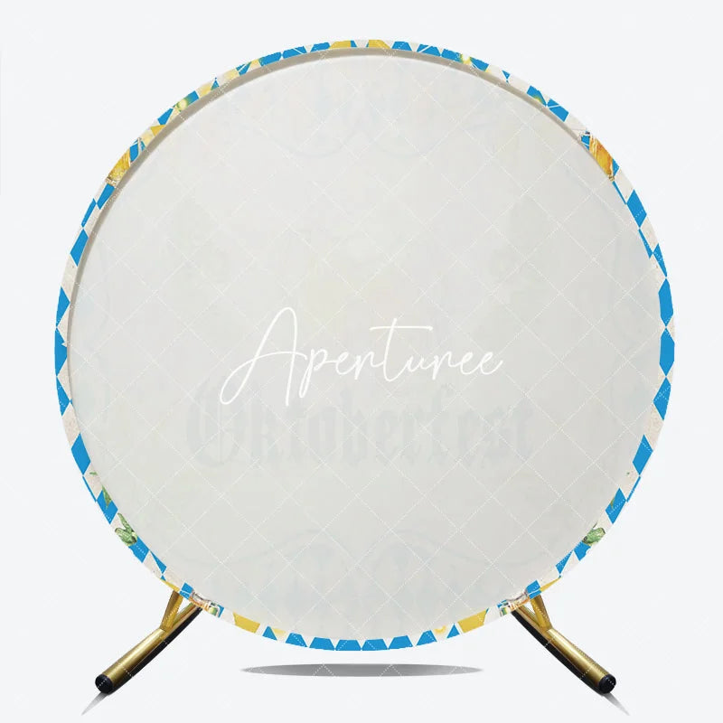 Aperturee - Aperturee Blue and White Diamond Pattern Oktoberfest Beer Steins Round Backdrop with Hops and Wheat Festive Bavarian Party