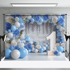 Aperturee - Aperturee Blue and White Floral Balloon First Birthday Photography Backdrop Elegant Party Decor