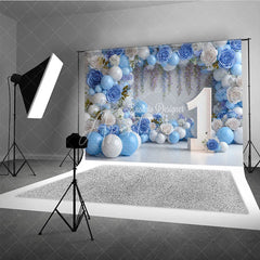 Aperturee - Aperturee Blue and White Floral Balloon First Birthday Photography Backdrop Elegant Party Decor