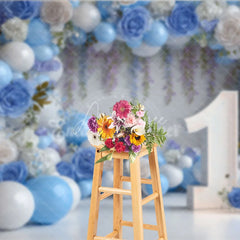 Aperturee - Aperturee Blue and White Floral Balloon First Birthday Photography Backdrop Elegant Party Decor