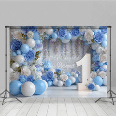 Aperturee - Aperturee Blue and White Floral Balloon First Birthday Photography Backdrop Elegant Party Decor