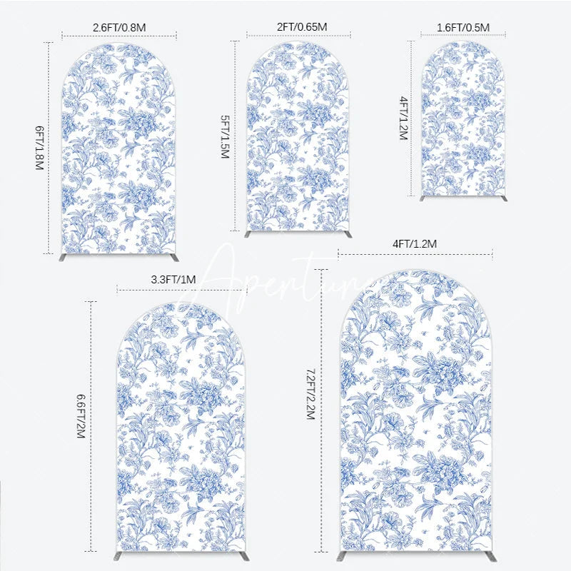 Aperturee - Aperturee Blue and White Floral Botanical Round Top Arch Backdrop Vintage Toile de Jouy Pattern for Elegant Events