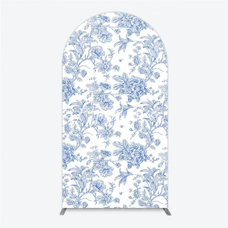 Aperturee - Aperturee Blue and White Floral Botanical Round Top Arch Backdrop Vintage Toile de Jouy Pattern for Elegant Events