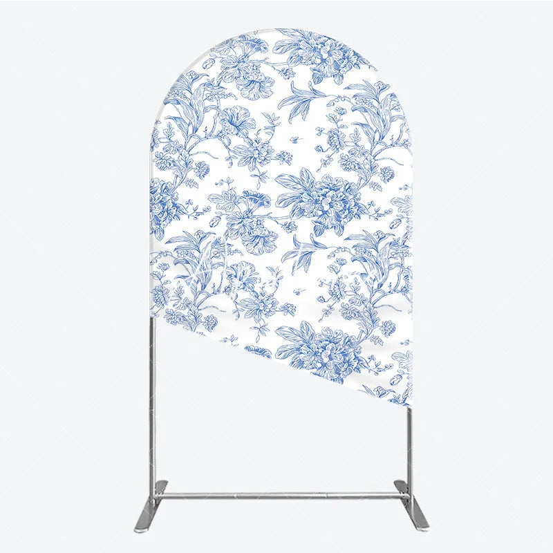 Aperturee - Aperturee Blue and White Floral Botanical Round Top Arch Backdrop Vintage Toile de Jouy Pattern for Elegant Events