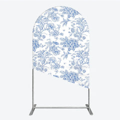 Aperturee - Aperturee Blue and White Floral Botanical Round Top Arch Backdrop Vintage Toile de Jouy Pattern for Elegant Events