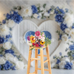 Aperturee - Aperturee Blue and White Floral Heart Arch Photography Backdrop Elegant Wedding Ceremony Valentine’s Day Photo Background