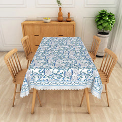 Aperturee - Aperturee Blue and White Floral Rectangle Tablecloth with Stripe Border for French Country and Farmhouse Decor