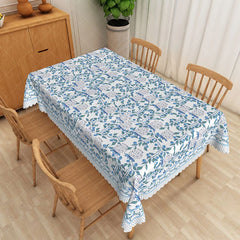 Aperturee - Aperturee Blue and White Floral Rectangle Tablecloth with Stripe Border for French Country and Farmhouse Decor